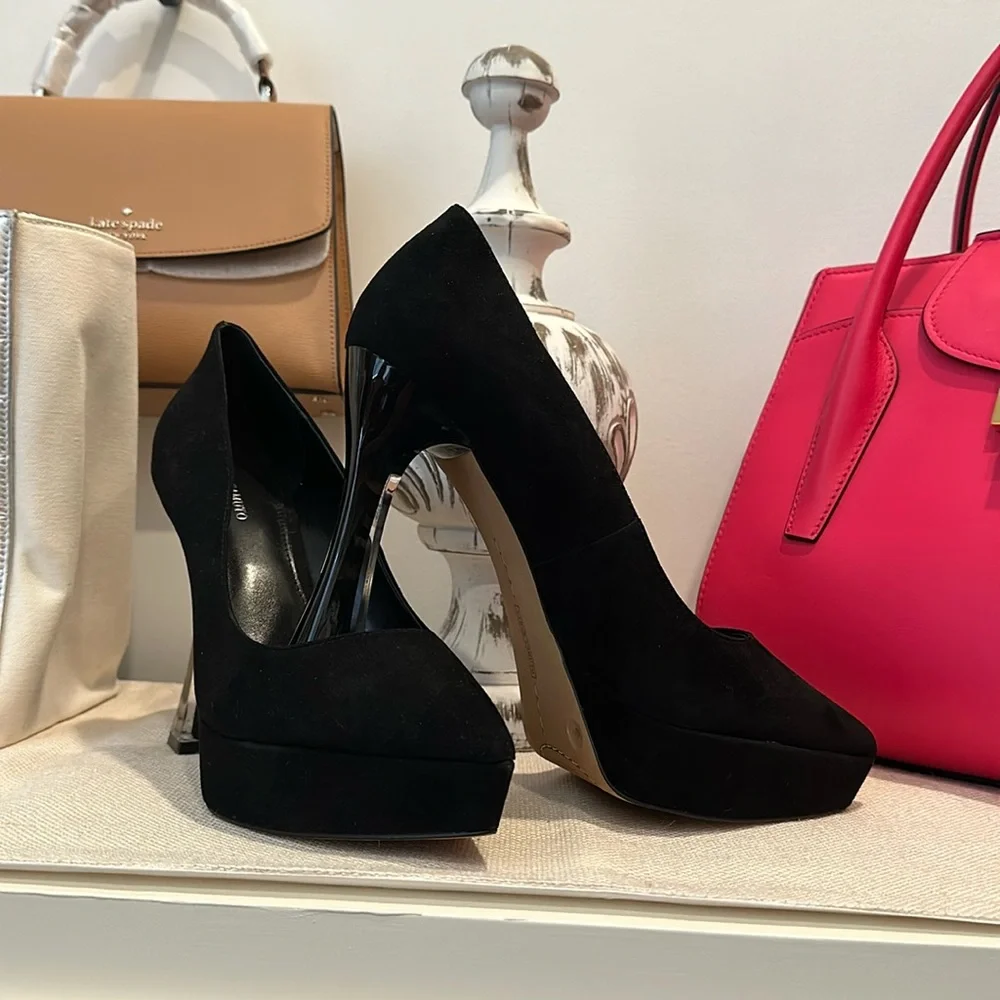 Gorgeous Vince Camuto Slaytia Lucite Platforms in Black Suede, Size 10 NWOB